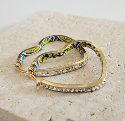 CZ Pave Heart HOOP Tile Earring Yellow Blue Portugal Azulejo Earring Light Gold STEEL Historical Jewelry Vacation Travel Gift Tile Souvenir