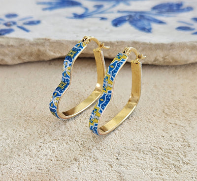 Heart Gold HOOP Tile Earring STEEL Portugal Azulejo Açores Flat Yellow Blue Hoop Historical Jewelry Anniversary Gift Tile Vacation Souvenir