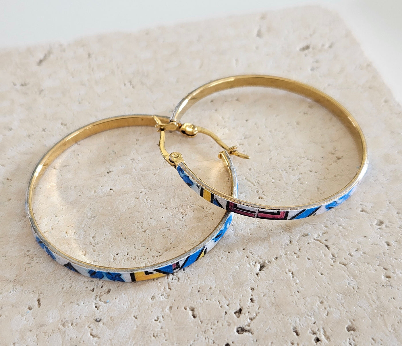 Gold Thin HOOP Tile Earrings Portugal STAINLESS STEEL Azulejo Dainty Flat Hoops Historical Tile Jewelry Portugal Gift Delft Ceramic Hoops