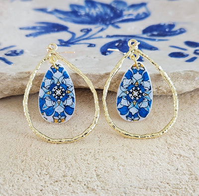 Blue Tile Gold Teardrop Mother Pearl Earring Portuguese Jewelry Porto Tile Blue Azulejo Tile Earring Travel Gift Heritage Historical Gold