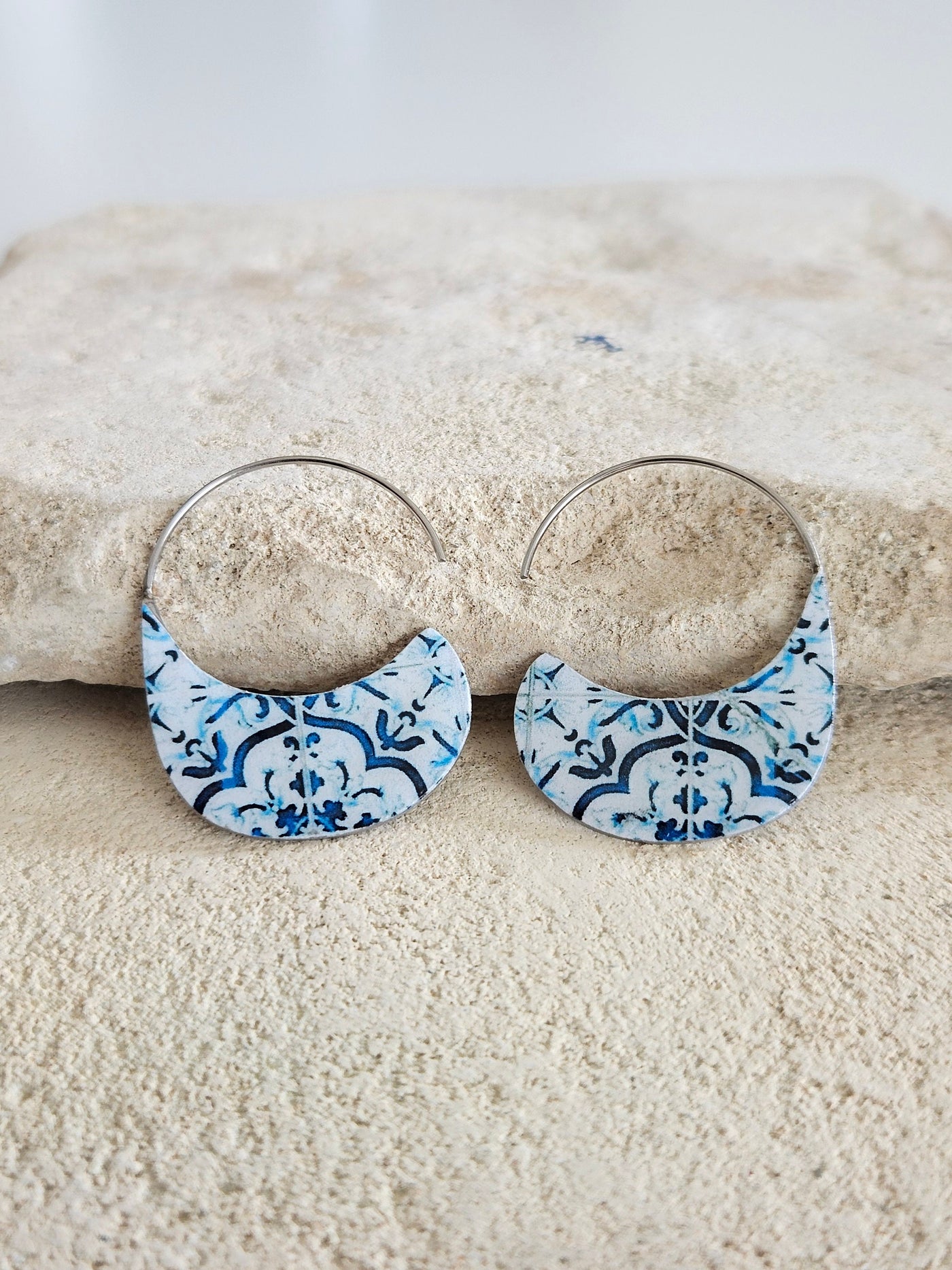 Blue Silver Open HOOP Earrings Portuguese Blue Tiles Azulejo Jewelry Coimbra Pottery STEEL Açores Hoops Historical Hand Crafted Earrings
