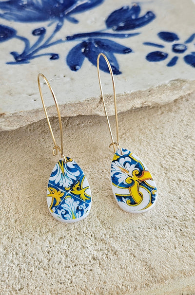 Coimbra Tile Gold Teardrop Mother Pearl Earring Portugal Jewelry Tile Blue Yellow Azulejo Earring Travel Gift Heritage Tile Historical Gold