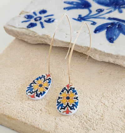 Orange Blue Tile Gold Teardrop Tile Earring Portugal Jewelry Mother Pearl Earring Azulejo Pattern Portuguese Gifts Blue Tile Gold Teardrop