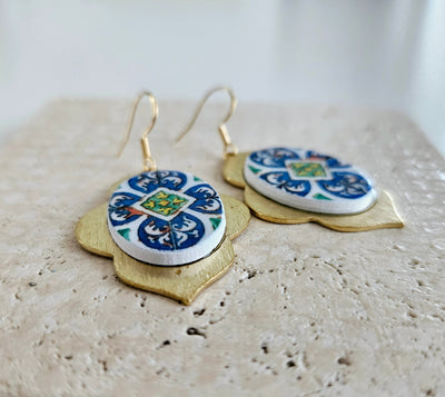 Moroccan Gold Arabesque Hoops Mediterranean Oval Tile Earring Colorful Tiles Statement Earring Zelig Dangle Tile Earring Gold Blue Tile Hoop