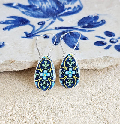 Turquoise Teardrop Mexican Tile Silver Earring Spanish Jewelry Mother Pearl Earring Azulejo Talavera Pattern Blue Yellow Green Tile Teardrop