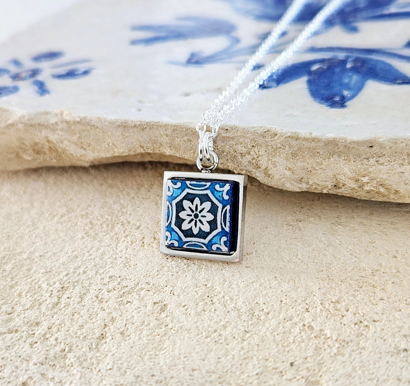 Blue White Portuguese Tile Pendant Small Necklace Azulejo Majolica Square Blue Necklace Portugal Handmade Gift for Mom Portuguese Jewelry