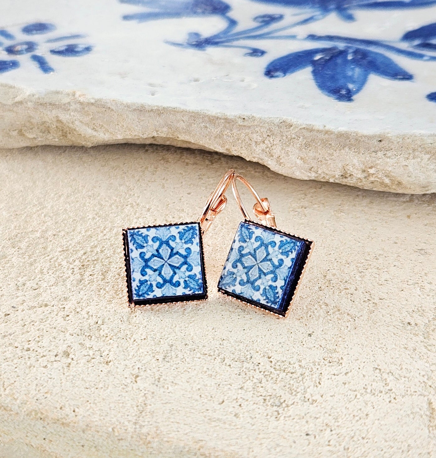 Portugal Azulejo Rose Gold Earring Portuguese Tile Drop Earring Square Geometric Earring Majolica Blue Tile Antique Azulejo Earring Handmade