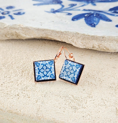 Portugal Azulejo Rose Gold Earring Portuguese Tile Drop Earring Square Geometric Earring Majolica Blue Tile Antique Azulejo Earring Handmade