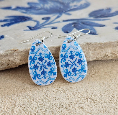 Portugal Blue Tiles Teardrop Earrings Portuguese Azulejo Earrings Delft Blue Earrings Majolica Antique Tiles Mother Pearl Teardrop Earrings