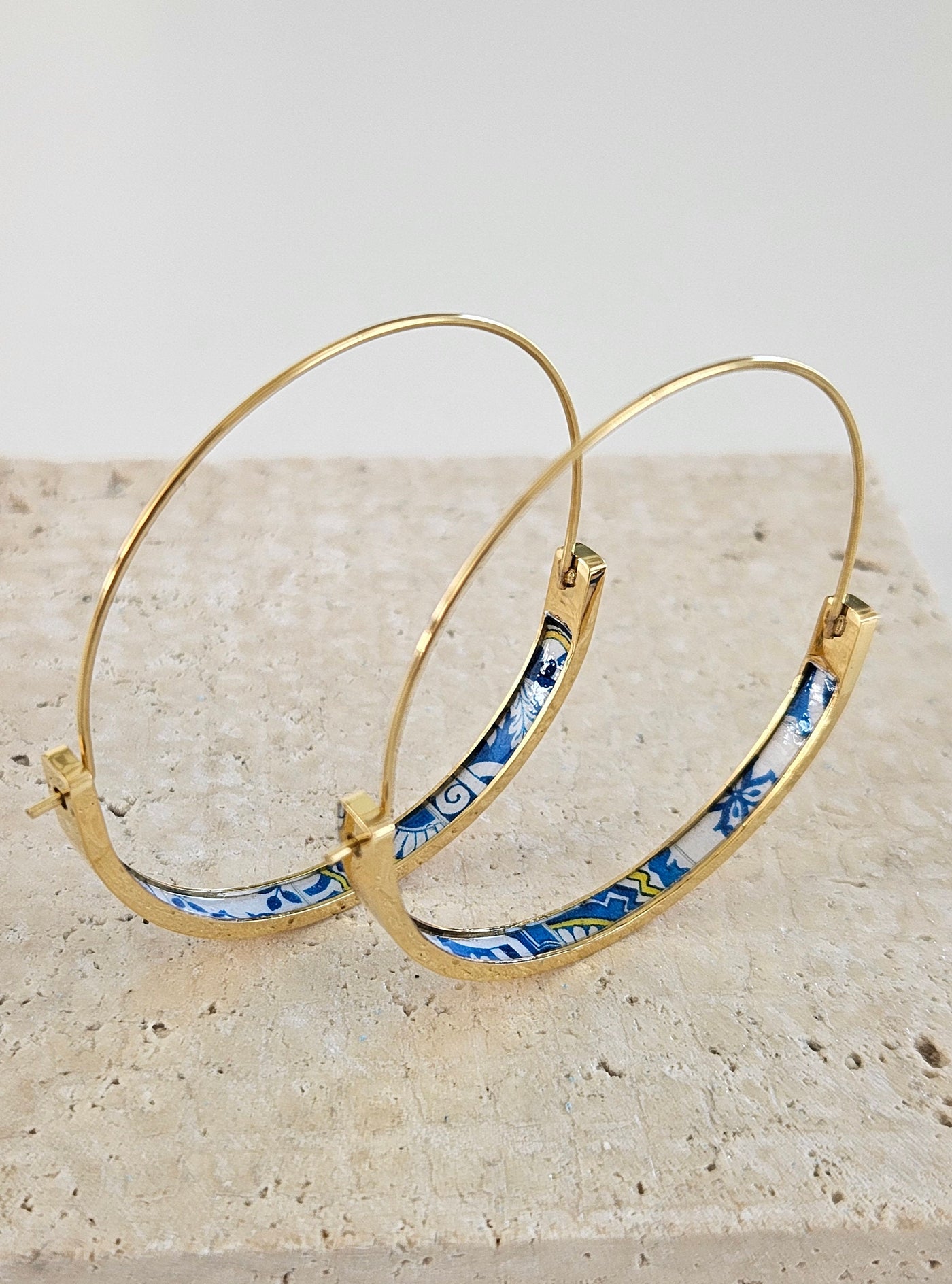Blue Mixed HOOP Tile Earring Portugal Lightweight STAINLESS STEEL Azulejo Gold Hoop Historical Jewelry Anniversary Gift Women Portuguese Mom