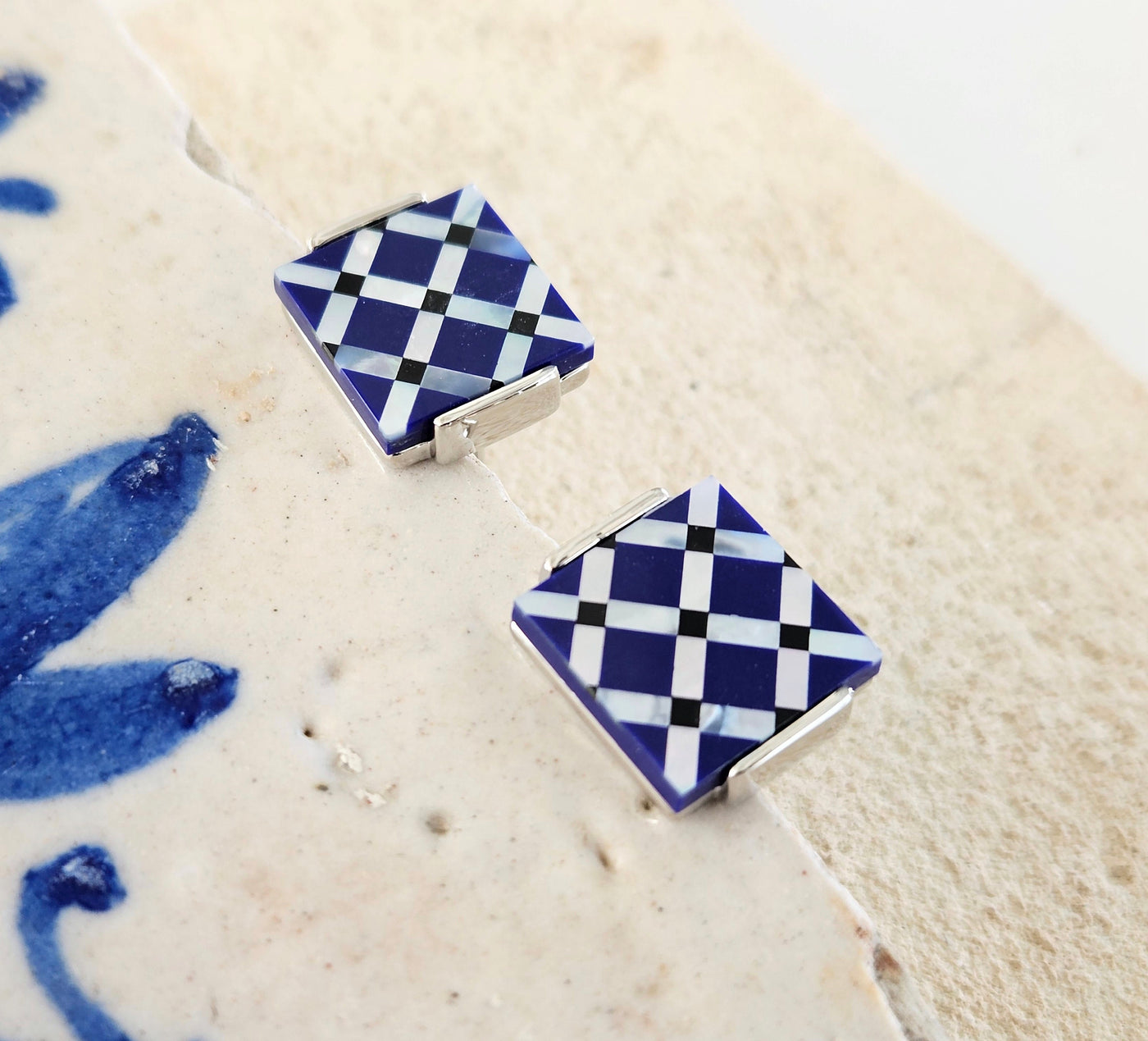 Blue Onyx Mother Pearl Tile Cufflink Luxury Portuguese Tiles Cufflinks Business Executive Gift Corporate Dad Cufflink Natural Stone Cufflink