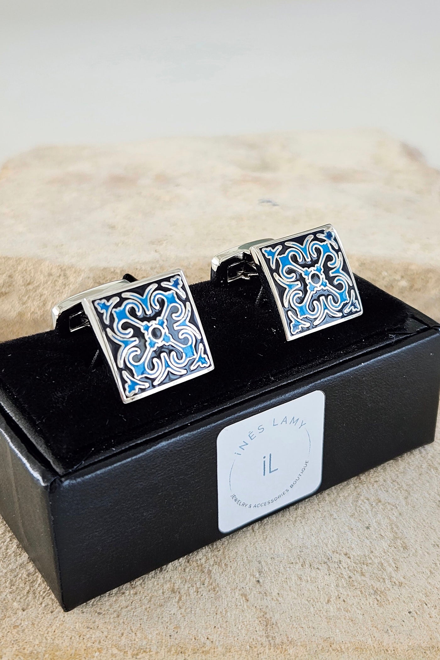 Portugal Blue Azulejo Wedding Groom STEEL Cufflink Enamel Portuguese Tile Blue Suit Cufflinks Wedding Silver Gift Father Corporate Box Gift