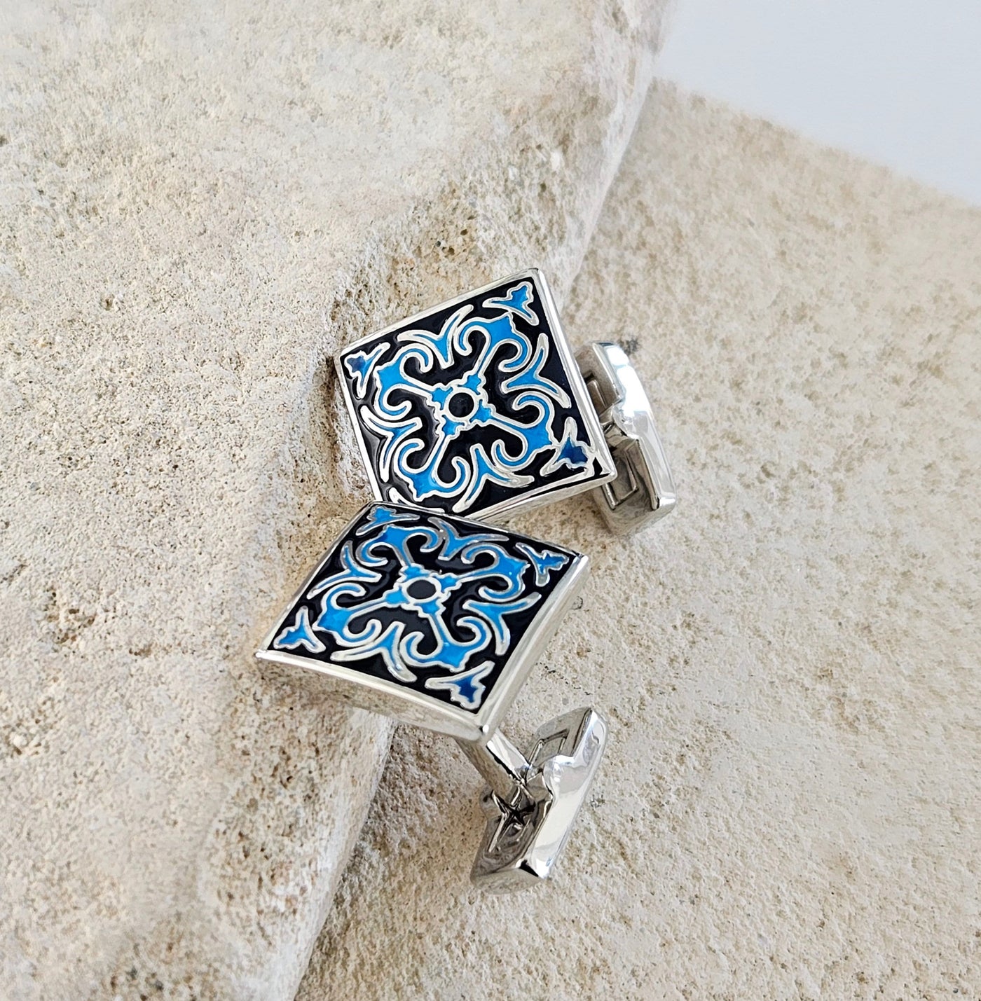 Portugal Blue Azulejo Wedding Groom STEEL Cufflink Enamel Portuguese Tile Blue Suit Cufflinks Wedding Silver Gift Father Corporate Box Gift