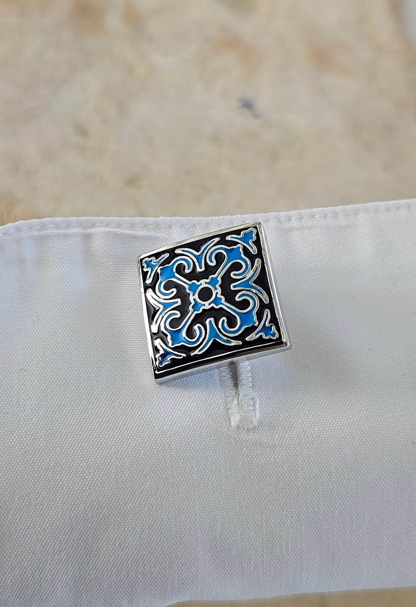 Portugal Blue Azulejo Wedding Groom STEEL Cufflink Enamel Portuguese Tile Blue Suit Cufflinks Wedding Silver Gift Father Corporate Box Gift