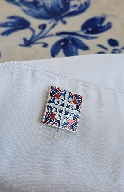 Portugal Azulejo STEEL Cufflinks Red Blue Tiles Cufflink Groom Majolica Tile Enamel Cufflink Silver Blue Red Cufflink Suit Men Accessories