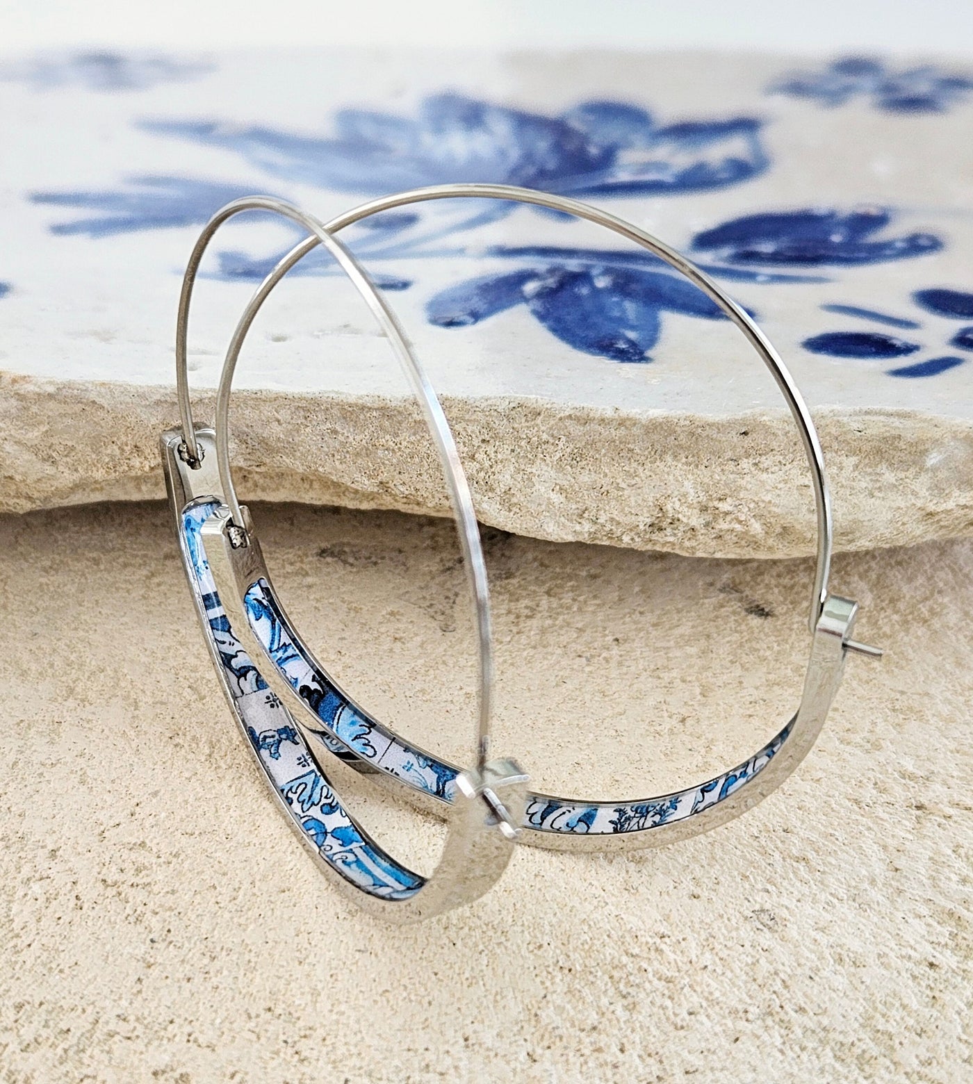 Blue Mixed HOOP Delft Tile Earring Portugal Lightweight STEEL Azulejo Gold Hoop Historical Jewelry Minimal Earring Gift Women Portuguese Mom