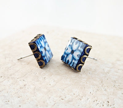 Blue Tile Stud Earring Lace Bronze Stud Portuguese Tile Blue Azulejo Handmade Earring Portugal Jewelry Gift Antique Tile Portuguese Gift