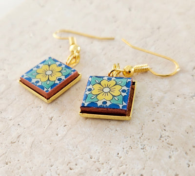 Mexican flower stud earrings Talavera tiles jewelry Mexico Yellow flower studs Fiesta Colorful small square stud earrings Summer jewelry