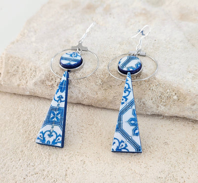 Long Triangle Geometric Tile Earrings Portuguese Lightweight Blue Tile Drop Earrings Portugal Azulejos Jewelry Stainless Steel Hoop Earrings