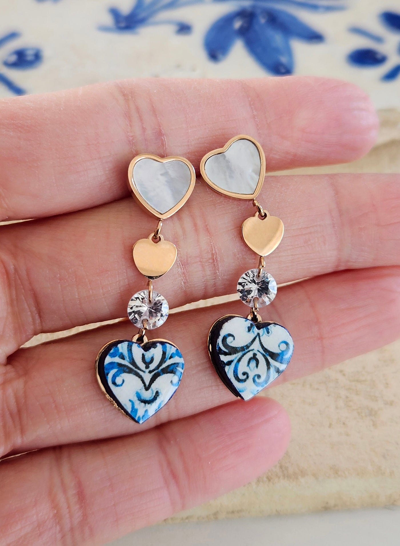 Portuguese Lisbon Tile Rose Gold Heart Drop Stud Mother Pearl Hearts Mismatched Portuguese Tile Earring Chic Long Earrings Stainless Steel
