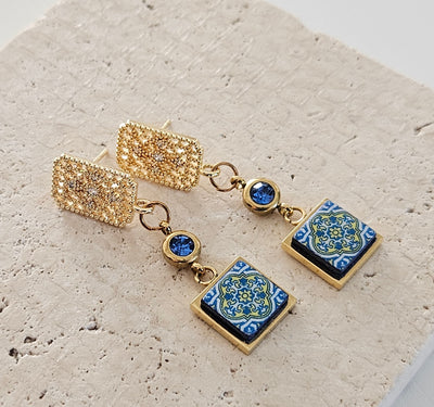 Portugal Tile Earrings Dainty Elegant Azulejo Earrings Historical Jewelry Portuguese Tiles Bridal Mom Gift Vacation Travel Earrings Tile