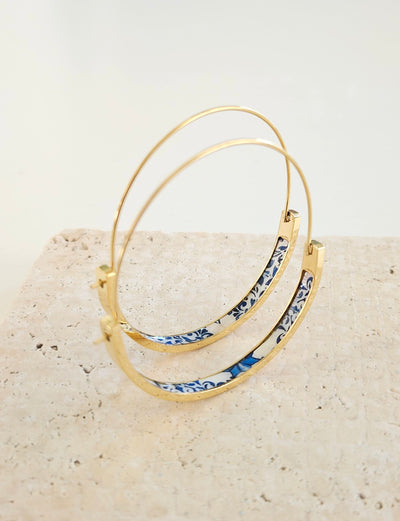Royal Blue GOLD HOOP Tile Earring Portugal Lightweight STEEL Azulejo Lisboa Gold Hoop Historical Jewelry Women Portuguese Tile Blue Earring