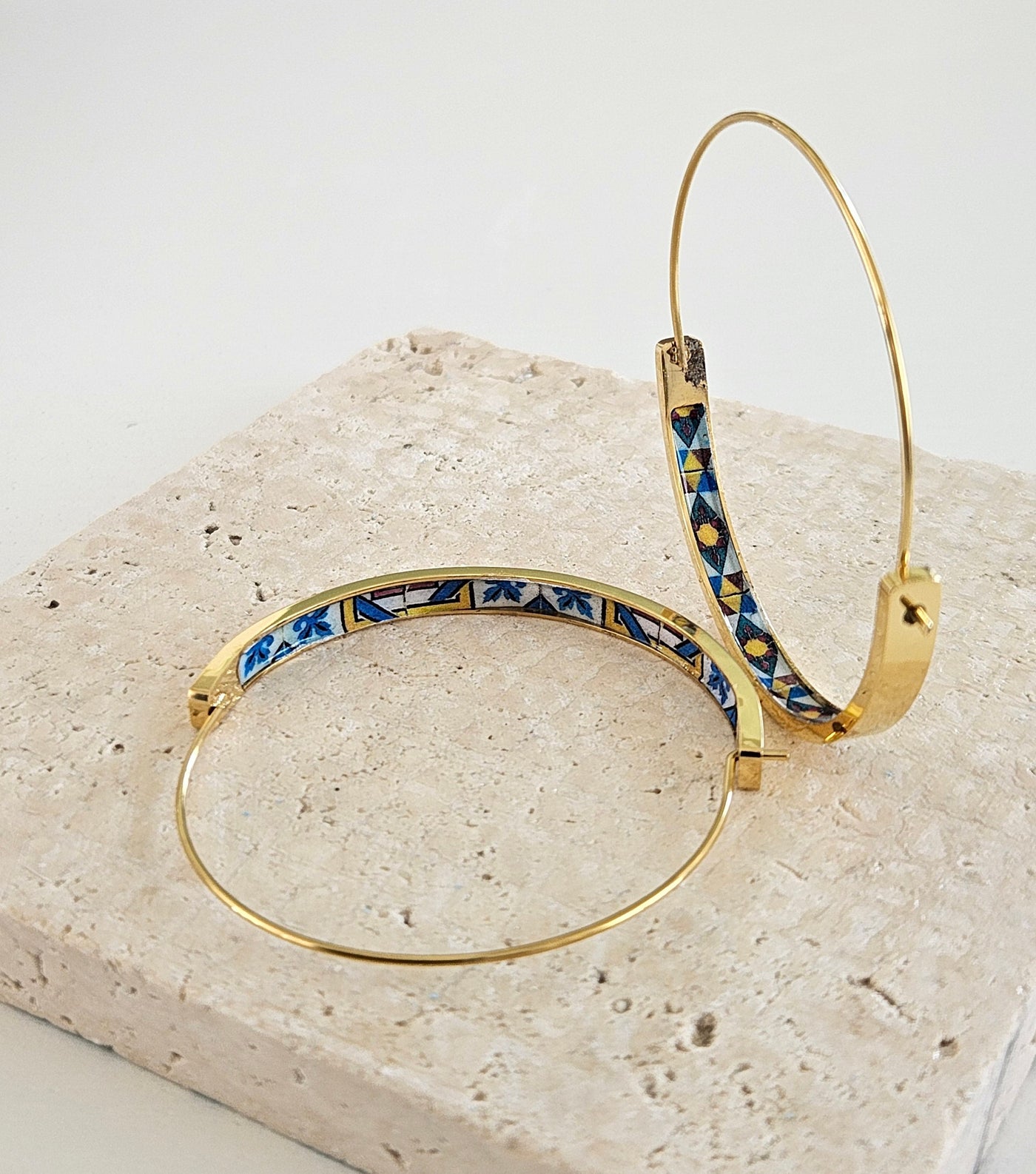 Magenta Blue GOLD HOOP Tile Earring Portugal Lightweight STEEL Azulejo Lisboa Gold Yellow Hoop Historical Jewelry Portuguese Tile Earrings