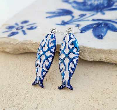 Portuguese Sardine Earring Azulejo Earring Fish Blue White Sardine Tile Gold Silver Drop Earring Sardine Clay Earring Gift From Portugal