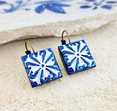 Portugal Clay Tile Earring Azulejo Drop Earring Portuguese Square Tile Jewelry Blue White Earring Handmade Clay Blue Earring Portugal Gift