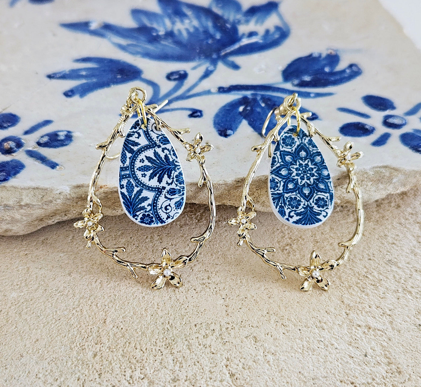 Portugal Blue Tile Gold Teardrop Earring Portuguese Jewelry Mother Pearl Earring Azulejo Pattern Historical Jewelry Blue Tile Gold Teardrop