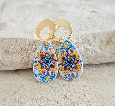 Mexican Mother Pearl Tile Teardrop Stud Earrings Fiesta Colorful Earring Talavera Mexico Tile Jewelry Summer Spanish Tile Shell Drop Earring