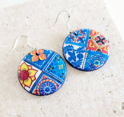 Mexican Mismatched Tiles Hoop Earrings Talavera Mixed Blue Orange Tile Mexico Round Wood Handpainted Earring Statement Colorful Tile Earring