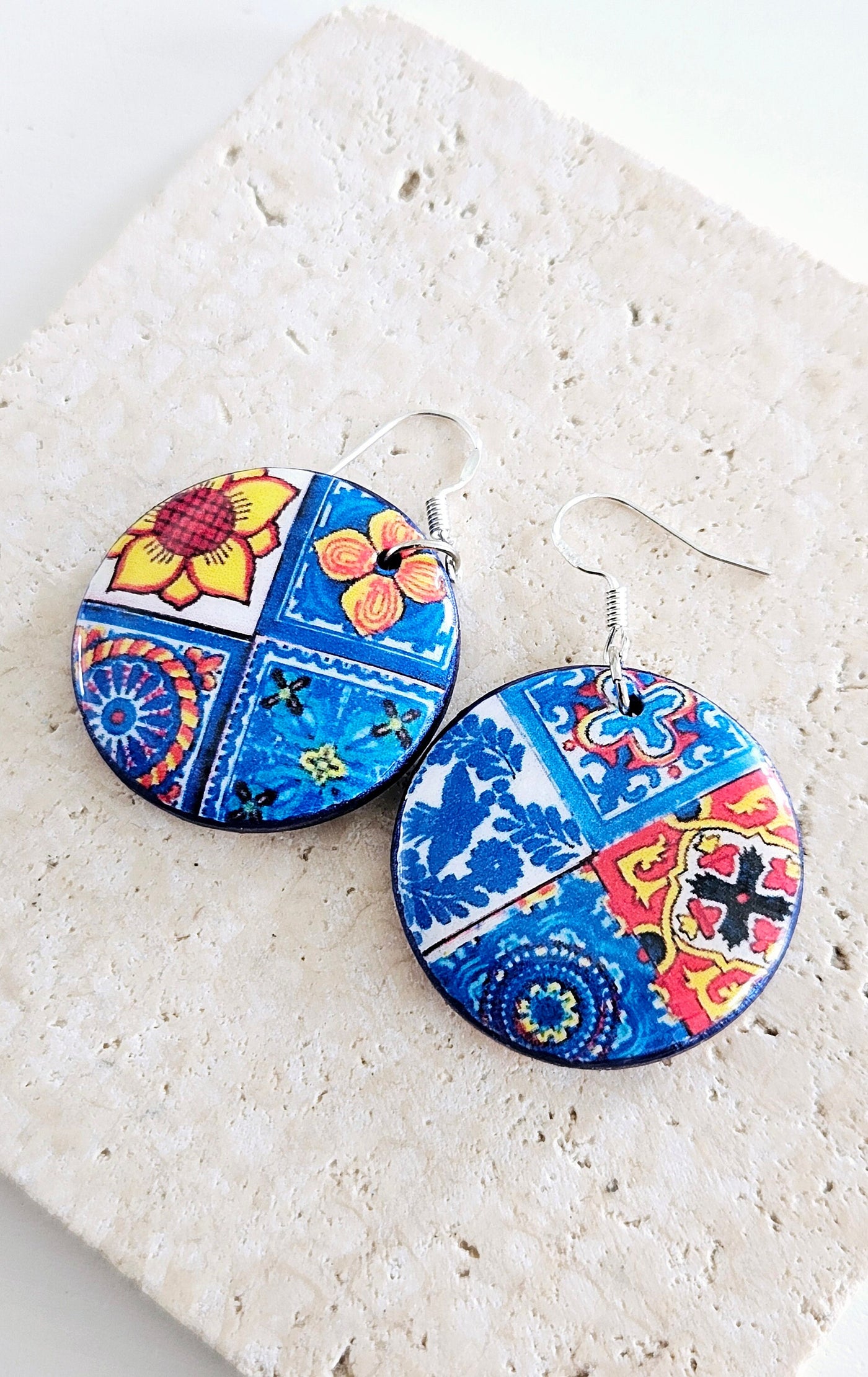 Mexican Mismatched Tiles Hoop Earrings Talavera Mixed Blue Orange Tile Mexico Round Wood Handpainted Earring Statement Colorful Tile Earring