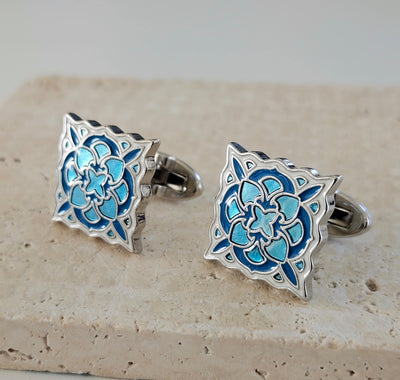 Portugal Blue Azulejo Cufflinks Tiles Geometric Dad Cufflinks Stainless Steel Blue Wedding Gift Groom Silver Corporate Gift Tile Cufflinks