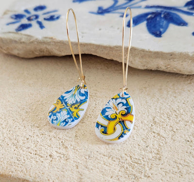 Coimbra Tile Gold Teardrop Mother Pearl Earring Portugal Jewelry Tile Blue Yellow Azulejo Earring Travel Gift Heritage Tile Historical Gold