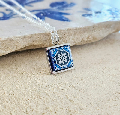 Blue White Portuguese Tile Pendant Small Necklace Azulejo Majolica Square Blue Necklace Portugal Handmade Gift for Mom Portuguese Jewelry