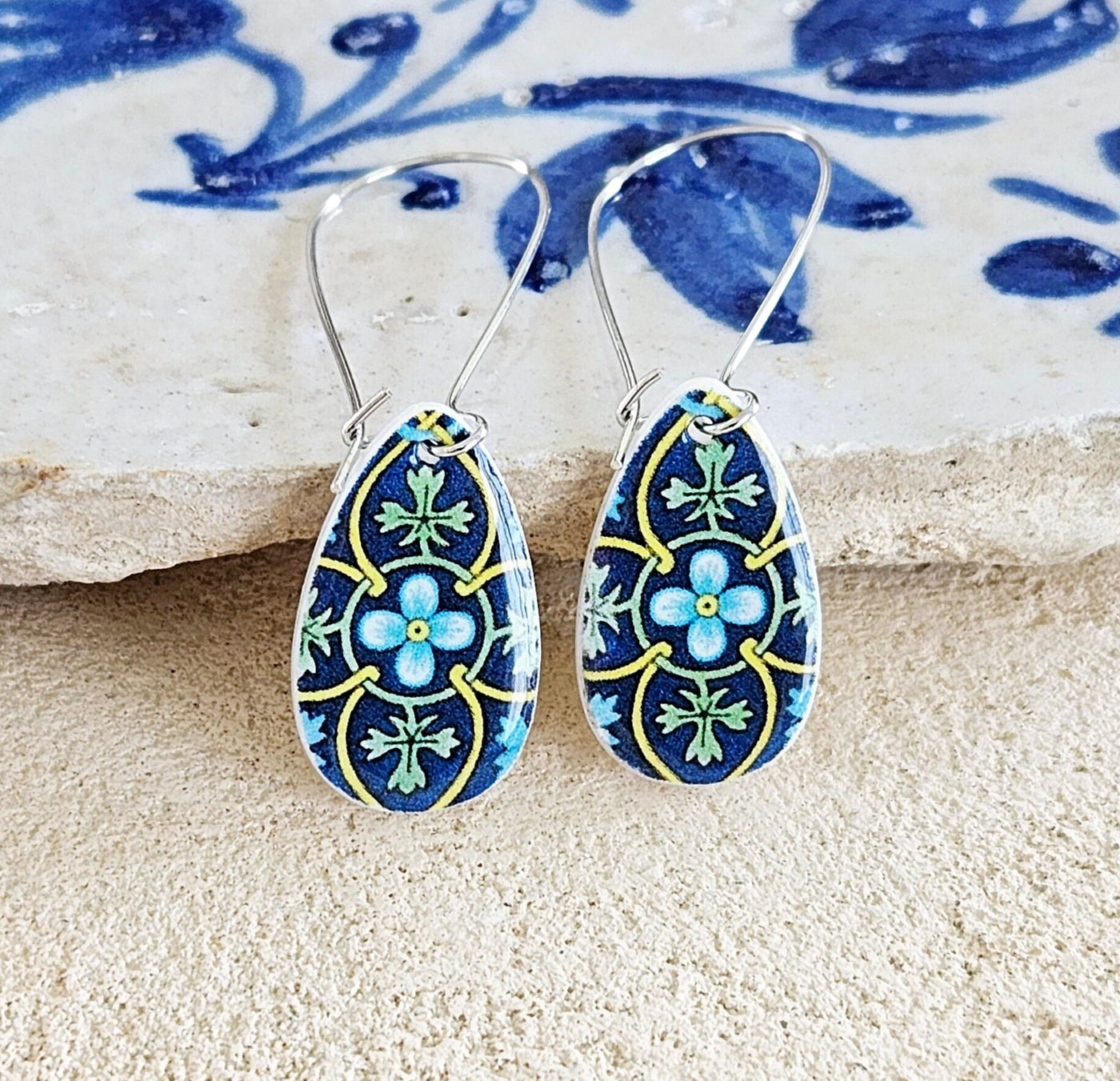 Turquoise Teardrop Mexican Tile Silver Earring Spanish Jewelry Mother Pearl Earring Azulejo Talavera Pattern Blue Yellow Green Tile Teardrop