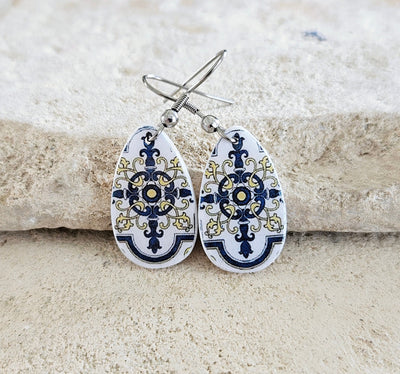 Portugal Tile Teardrop Earring Royal Blue Drop Mother Pearl Earring Portuguese Jewelry Tile Earring Azulejo Souvenir Travel to Portugal Gift