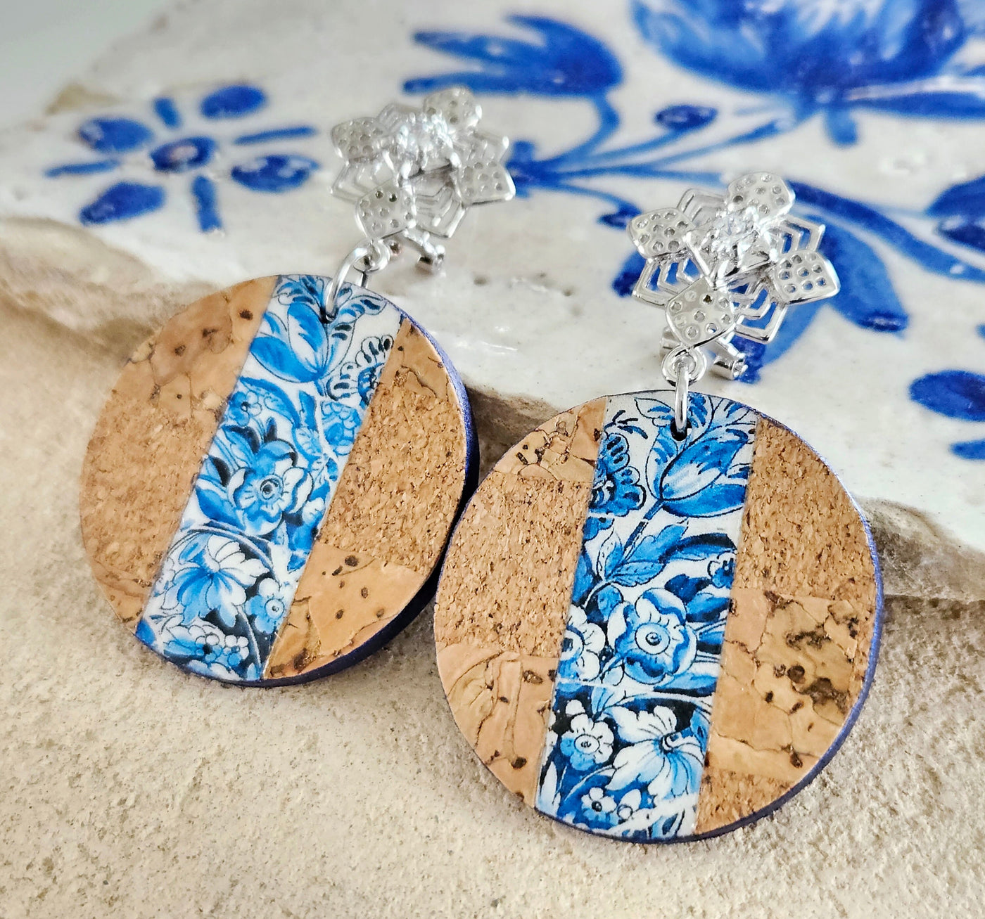 Portugal Tile Cork Circle Earring Portuguese Antique Blue Flower Tile Stud Earring Silver Stud Earring Cork Geometric Earring Statement Gift