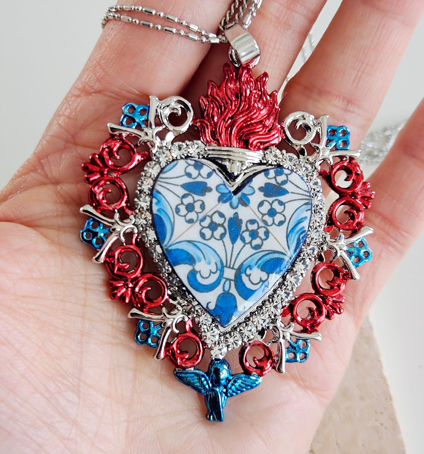 Sacred Heart Big Necklace Blue Red Heart Pendant Portuguese Antique Tile Christian Sacred Heart Angel Heart Oversized Pendant Catholic Heart