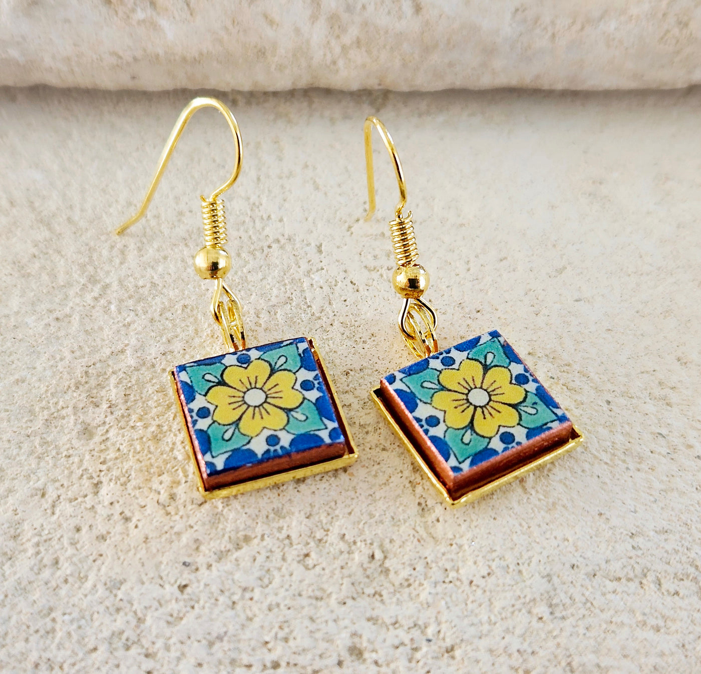 Mexican flower stud earrings Talavera tiles jewelry Mexico Yellow flower studs Fiesta Colorful small square stud earrings Summer jewelry