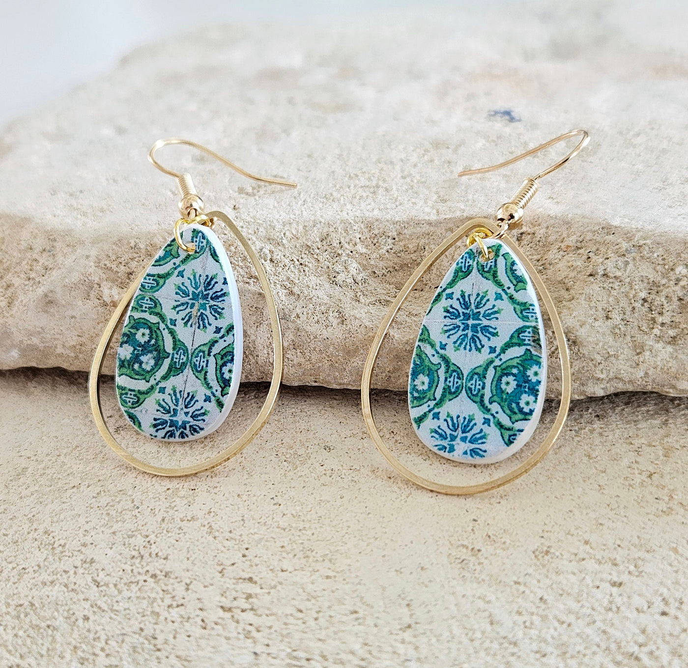 Portugal Green Tile Teardrop Earring Portuguese Azulejo Jewelry Gift Gold Earring Majolica Antique Tile Mother Pearl Teardrop Green Earring