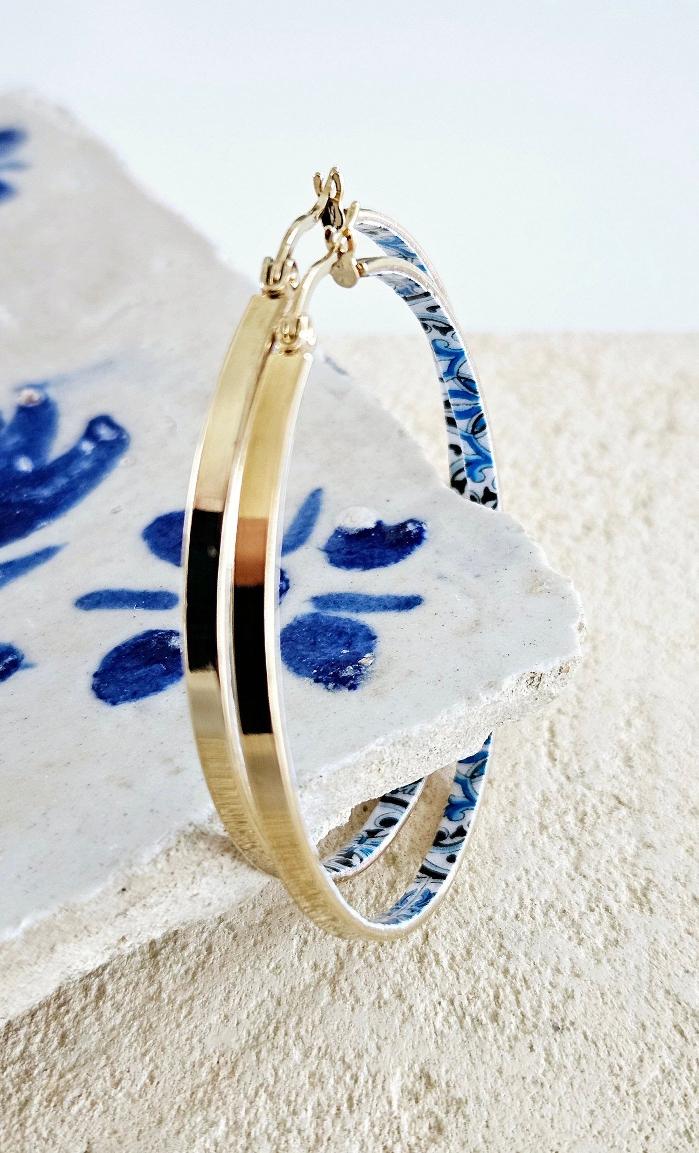 Gold HOOP Portuguese Tile Earring STEEL Azulejo Thin Flat Hoop Gift Portugal Historical Jewelry Blue Gold Earring Hoop Wanderlust Tile Gift