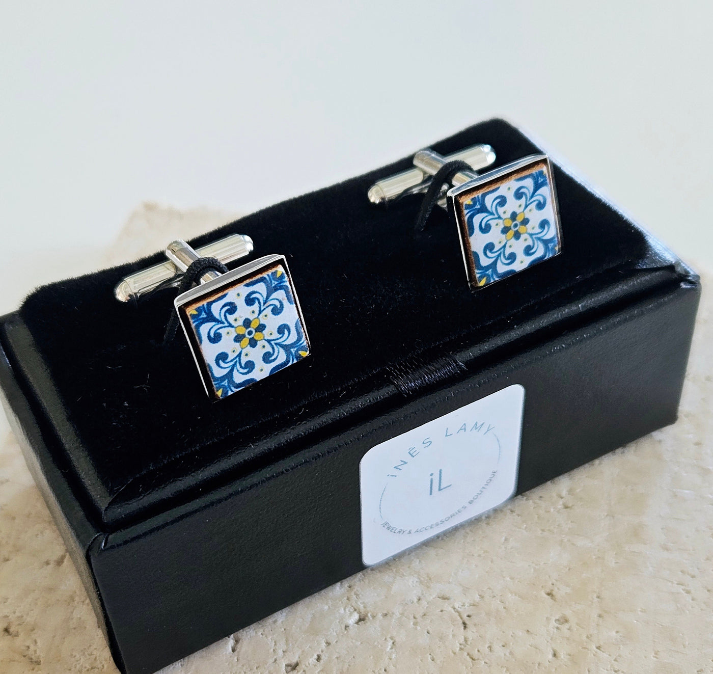 Portugal Azulejo Cufflink Portuguese Tile Jewelry Blue Gold Tile Cufflink Wedding Gift Groom Jewelry Square Cufflink Business Men Shirt Gift