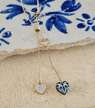 Portugal Heart Tile Rose Gold Necklace Antique Heart Tile Stainless Steel Delicate Lariat Chain Necklace Dainty Portuguese Tile Gold Jewelry