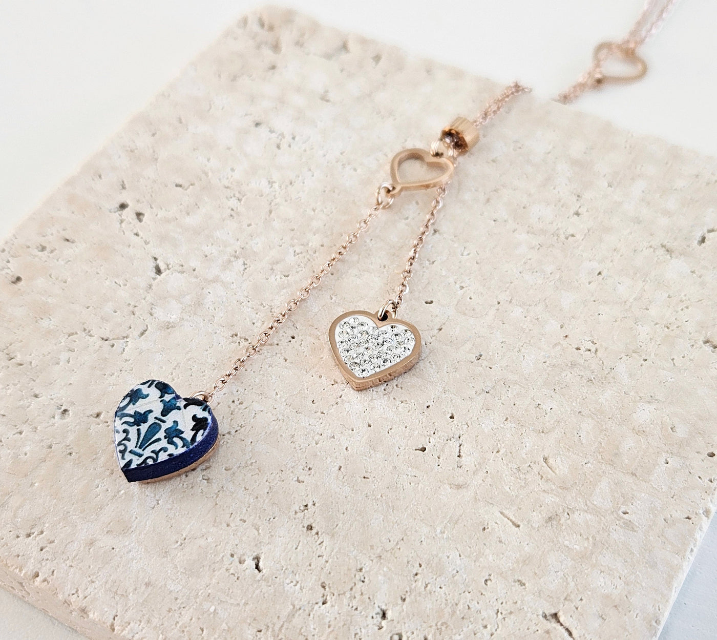 Portugal Heart Tile Rose Gold Necklace Antique Heart Tile Stainless Steel Delicate Lariat Chain Necklace Dainty Portuguese Tile Gold Jewelry