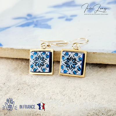 Porto Small Tile GOLD Earring Portuguese Blue White Tile Earring Azulejo STEEL Square Earring Portugal Tile Gift Travel Souvenir Spouse Gift