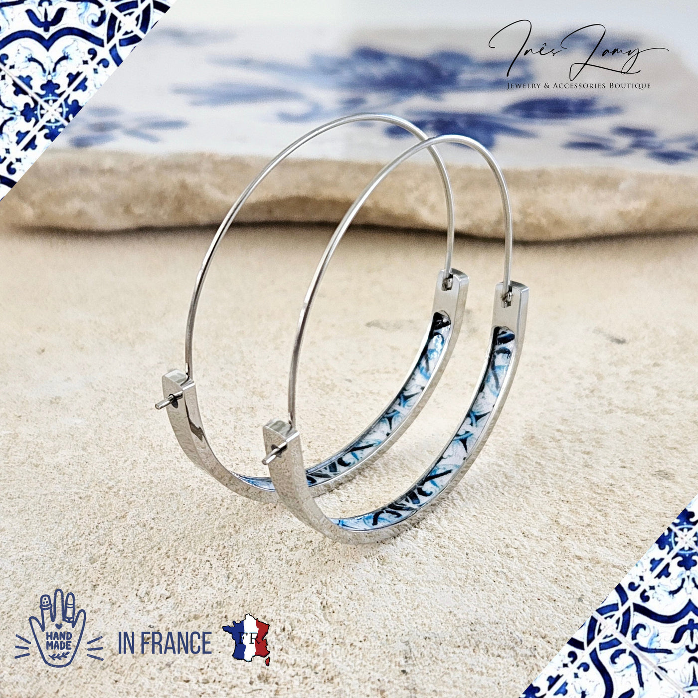 Blue Silver Flat Thin HOOP Tile Earring Portugal Lightweight STEEL Azulejo Hoop Historical Jewelry Minimal Earring Gift Women Portuguese Mom