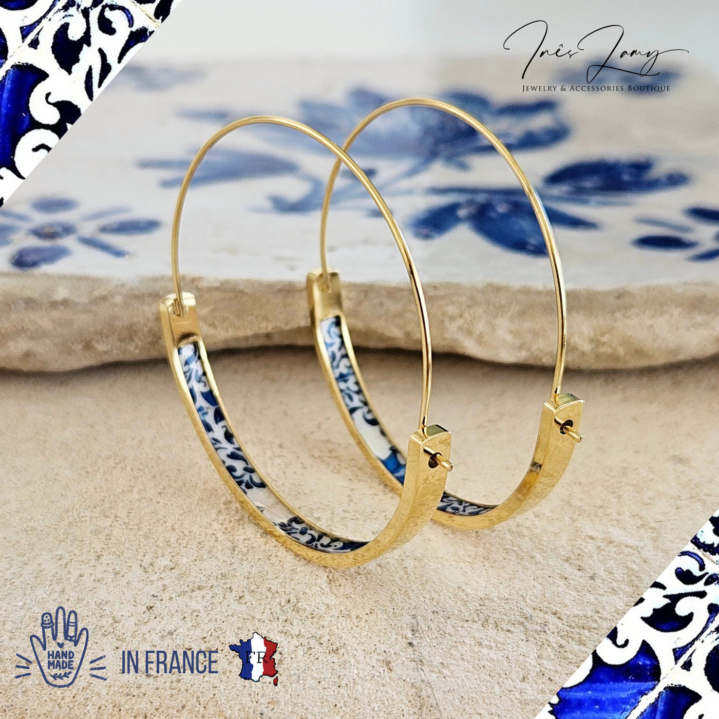 Royal Blue GOLD HOOP Tile Earring Portugal Lightweight STEEL Azulejo Lisboa Gold Hoop Historical Jewelry Women Portuguese Tile Blue Earring