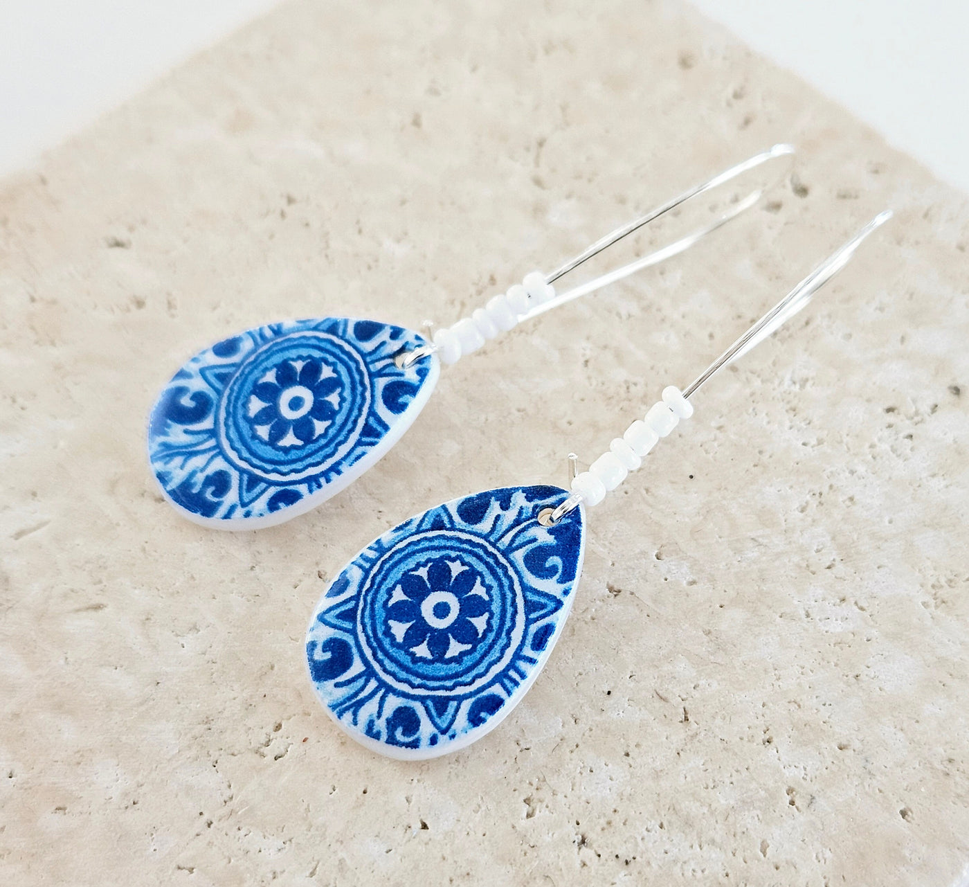 Blue Mexican Tile Earring Talavera Teardrop Earring Mexican Jewelry Blue Tile Spanish Gift Mother of Pearl Earring Drop Earring Women Gift